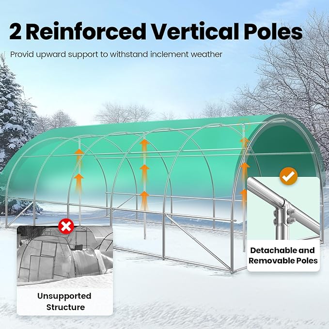 KING BIRD Premium 25x10x6.6FT Greenhouse for Outdoors, Large Walk-in Upgraded Galvanized Metal Frame, Mesh Door Screen Window Improved Zipper Tunnel Hoop for Garden Plant Winter, 2 Stiffeners, Green