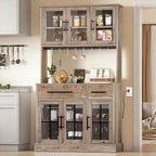 DWVO 71'' Tall Kitchen Pantry Storage Cabinet, Ivory Grey | Charge Station, Farmhouse Glass Display, Microwave Stand & Hooks & Drawers & Shelves, For Home Living Dining Room