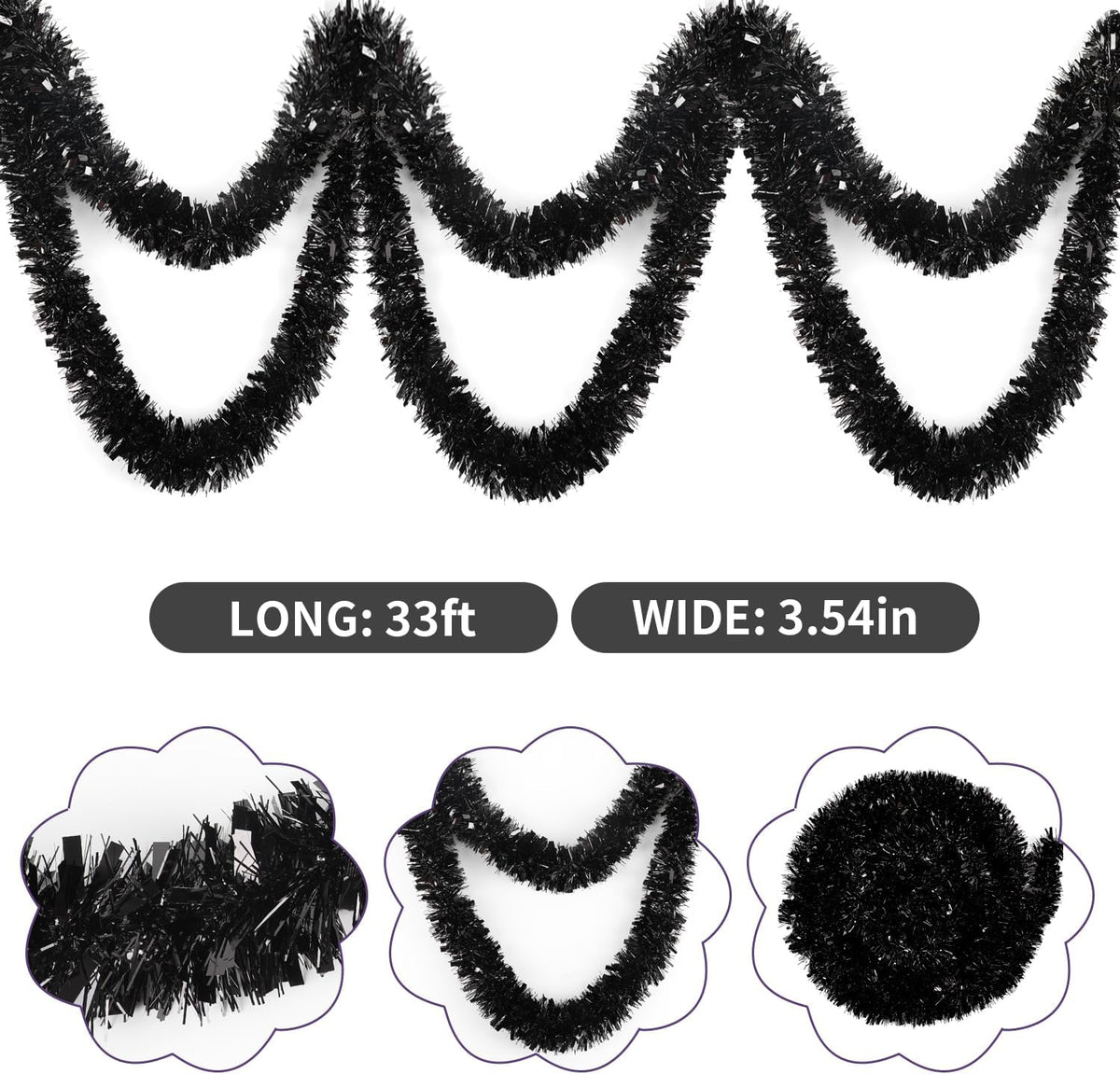 FOIMAS 33FT Black Tinsel Garland,Halloween Metallic Tinsel Garland Twisted Hanging Garland for Halloween Christmas Tree Fireplace Home Decoration