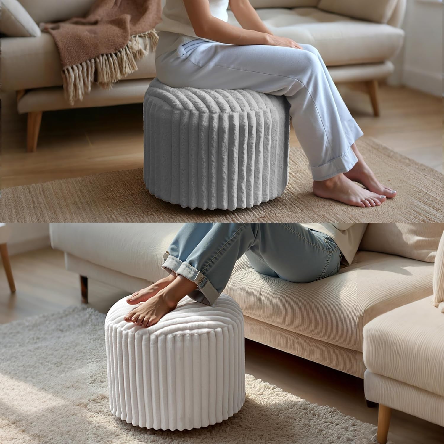 Round Stuffed Pouf Ottoman, Stripe Faux Fur Footrest, Solid Block Support+Soft Cushion Comfort, Removable Washable Cover, 20" Floor Pouf for Living Room Bedroom Dorm Vanity, Cream Beige