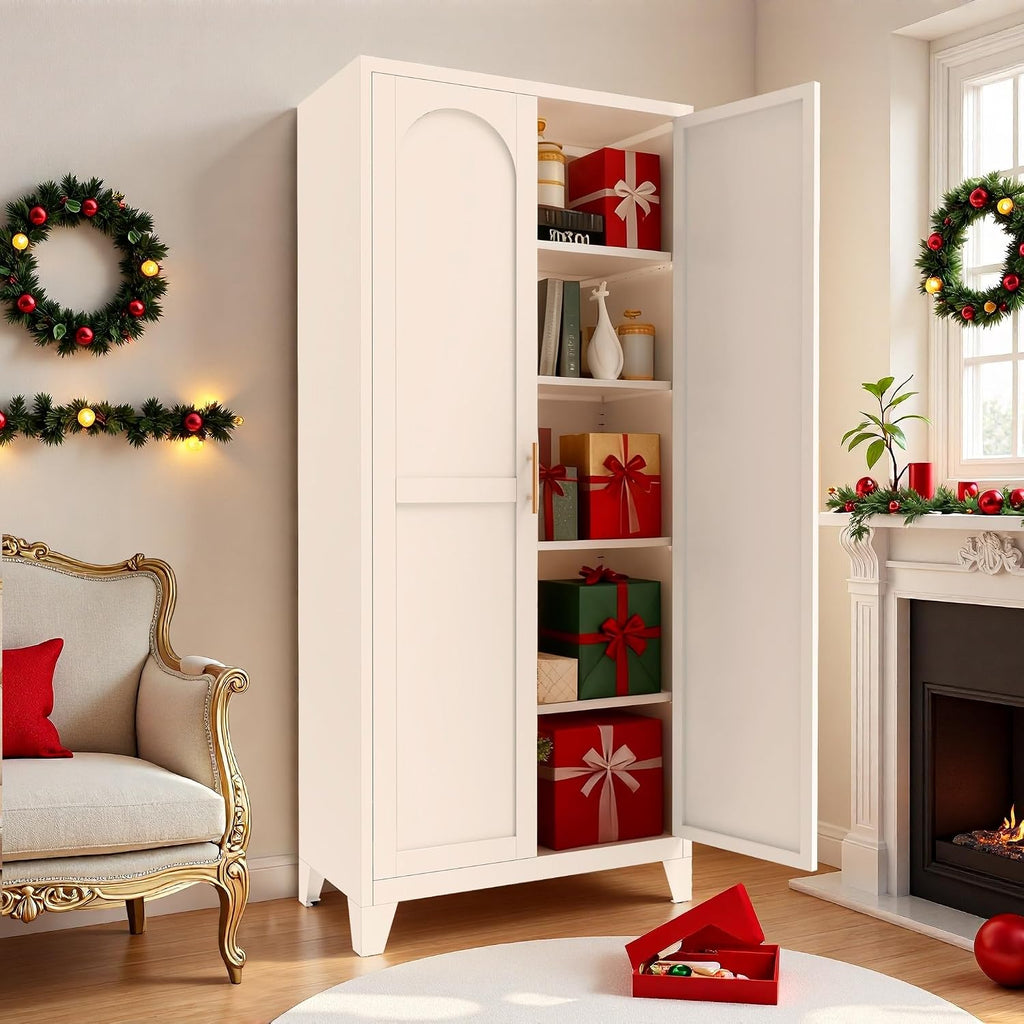 71'' Tall Kitchen Pantry Cabinet, Metal Storage Cabinet with 2 Doors and 4 Adjustable Shelves, Metal Pantry Cabinet with Lock for Dining Room, Living Room,White
