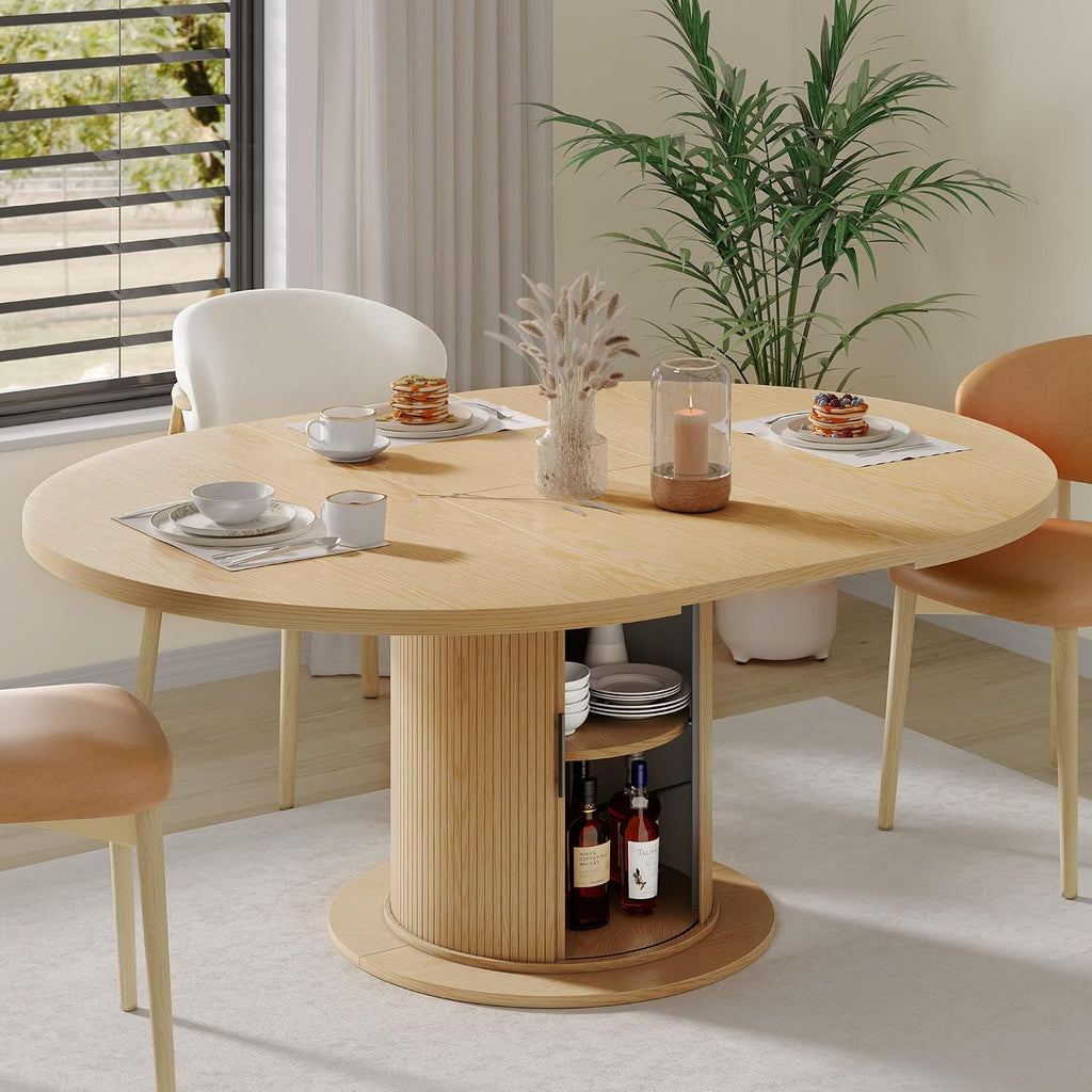 Alohappy Dining Table for 4-6, 47in-63in Extendable Round Dining Room Table with Storage, Mid Century Modern Farmhouse Wood Oval Dinner Table with Pedestal Base for Kitchen, Living Room (Natural Oak)