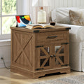 RALGEND Walnut Farmhouse End Table with Charging Station, 24" Large Sofa Side Table with Drawer, Large End Table for Living Room, Wooden Nightstand with Outlet, Square, Walnut