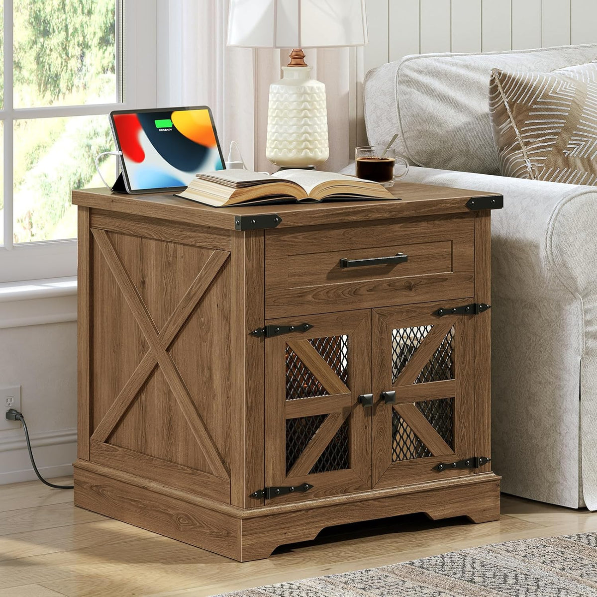 Farmhouse End Table Set of 2, 24" Large Sofa Side Table with Drawer, Large End Table for Living Room, Wooden Nightstand with Charging Station, Square, Walnut
