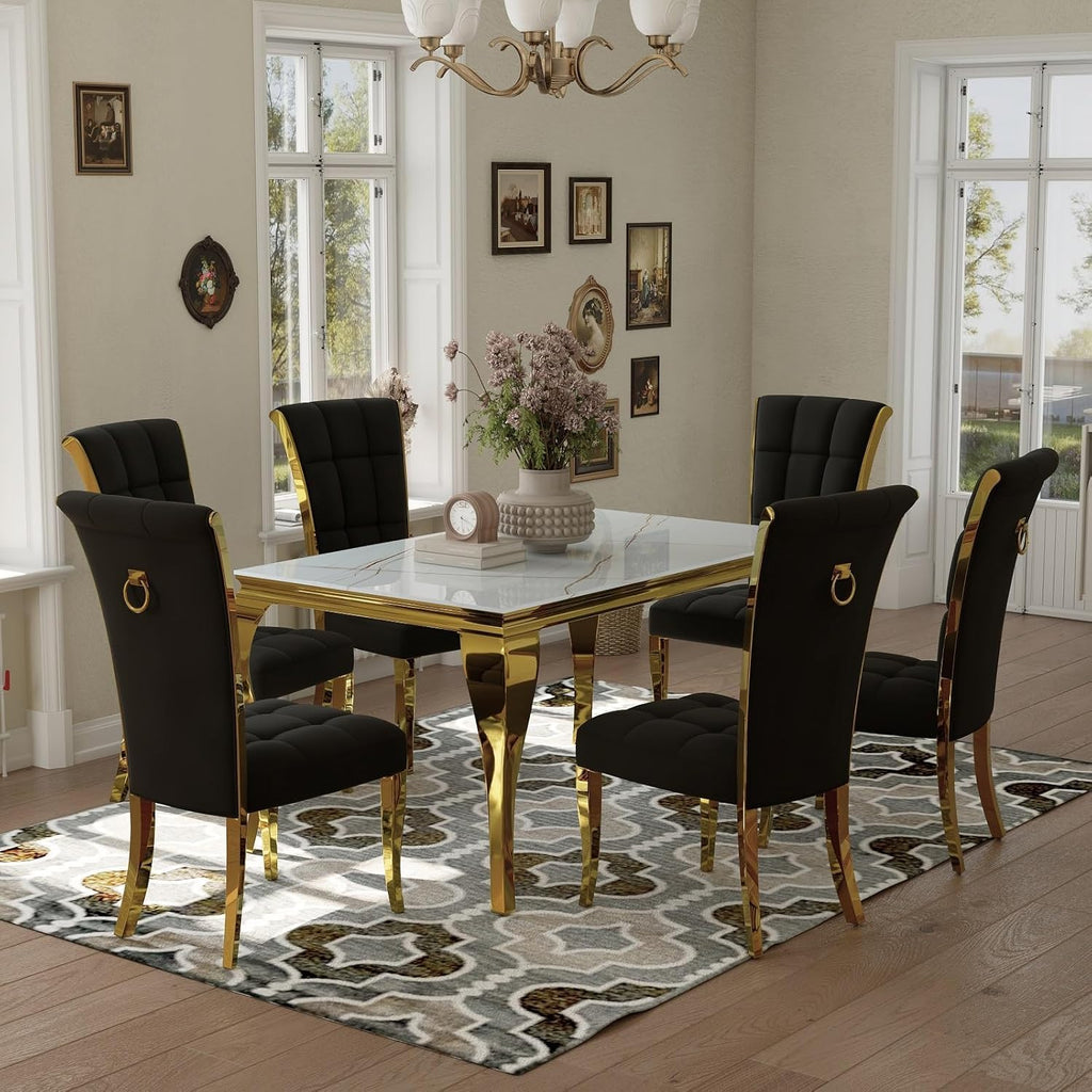 ACEDÉCOR Black and Gold Dining Chairs, Black Velvet Upholstered Chairs with Ring Pull, High Back Dining Chairs with Polished Gold Legs(Set of 2)