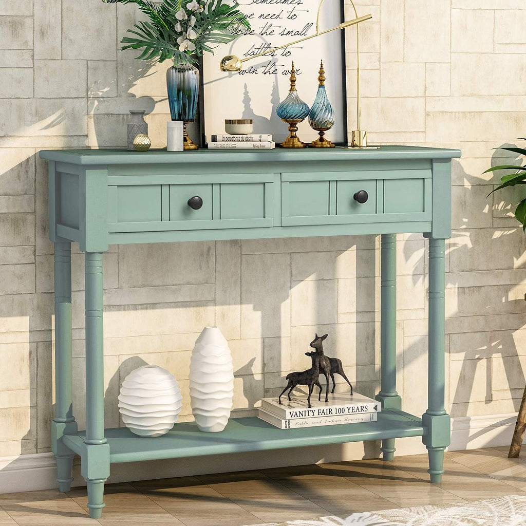 Knocbel Antique Entry Console Table with Drawers & Bottom Open Shelf, Wood Sofa Tables for Entryway Hallway Living Room, 35.43" W x 13.8" D x 30.25" H, Retro Blue