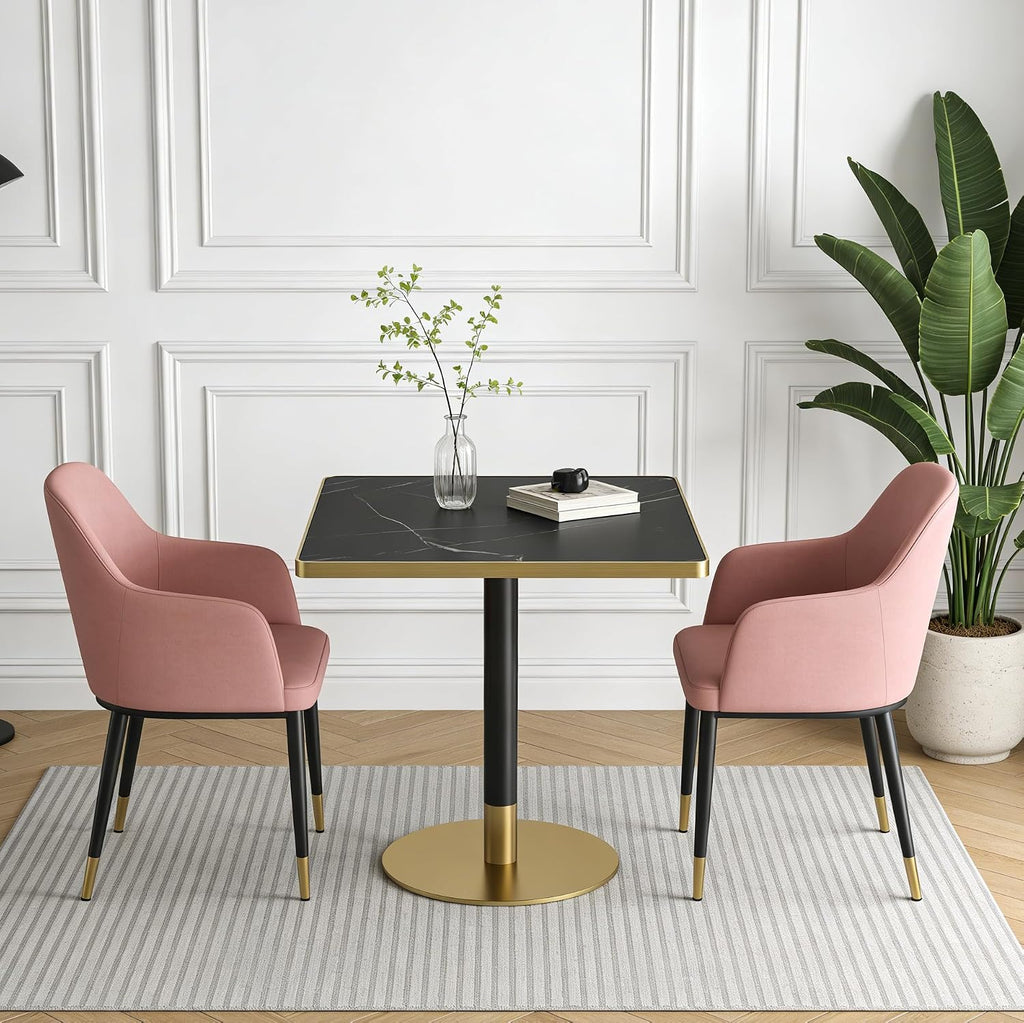 SSLine Square Dining Table for 2 Modern Luxury Marble Sintered Stone Kitchen Table for 2-4, Small 31.5" Bistro Tulip Table with Faux Marble Top and Gold Metal Pedestal Base