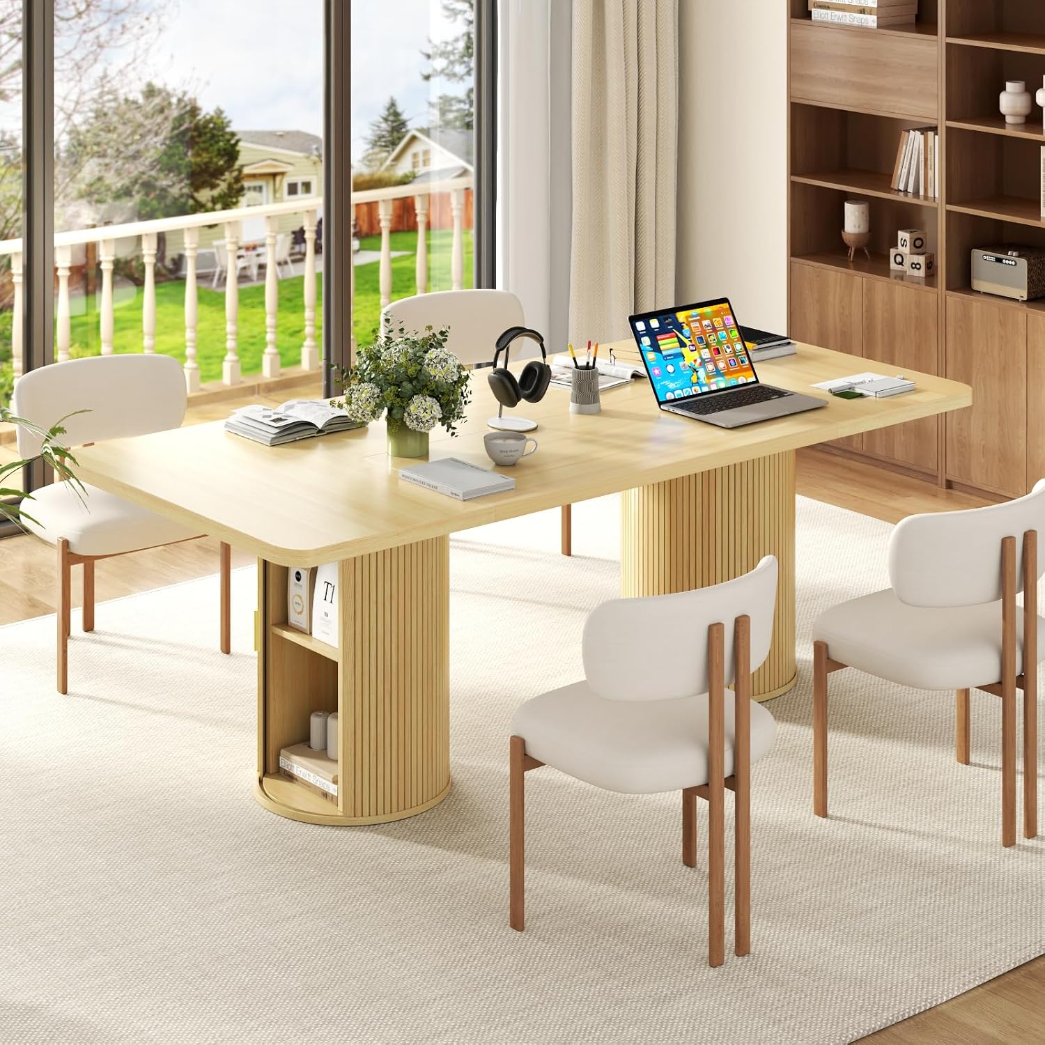 79" Rectangular Dining Table for 8-10, Wood Kitchen Table with 2-Layer Storage Shelf & Sturdy Base, Mid Century Modern Dinner Table with Wide Tabletop for Dining Room, Living Room