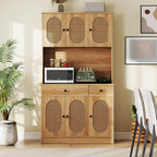 GOFLAME Kitchen Pantry Cabinet with Charging Station, 71" Tall Freestanding Kitchen Buffet with Hutch, Drawers and PE Rattan Doors, Boho Sideboard Buffet Cabinet, Natural
