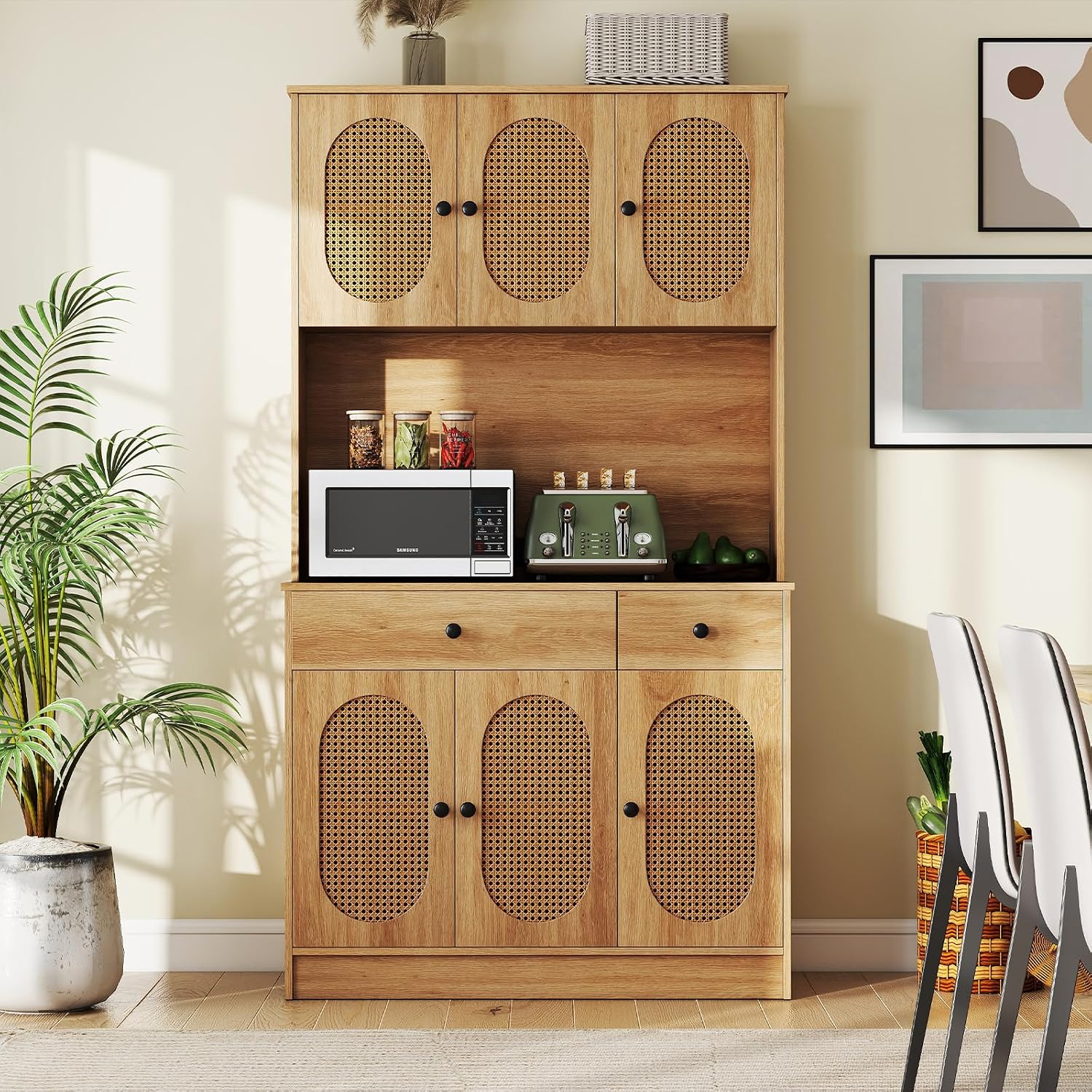GOFLAME Kitchen Pantry Cabinet with Charging Station, 71" Tall Freestanding Kitchen Buffet with Hutch, Drawers and PE Rattan Doors, Boho Sideboard Buffet Cabinet, Natural
