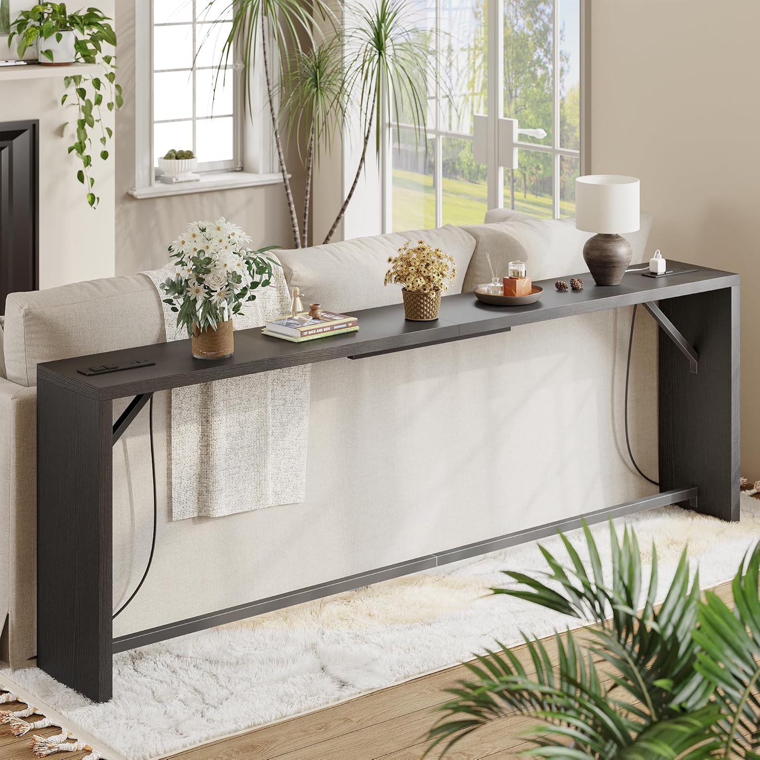 TIQLAB Sofa Table, 79''L x 9.1''W (1.2'' Thickness) Long Console Table Behind Couch, Entryway Table with Angled Metal Frame, Industrial Console Table, Black