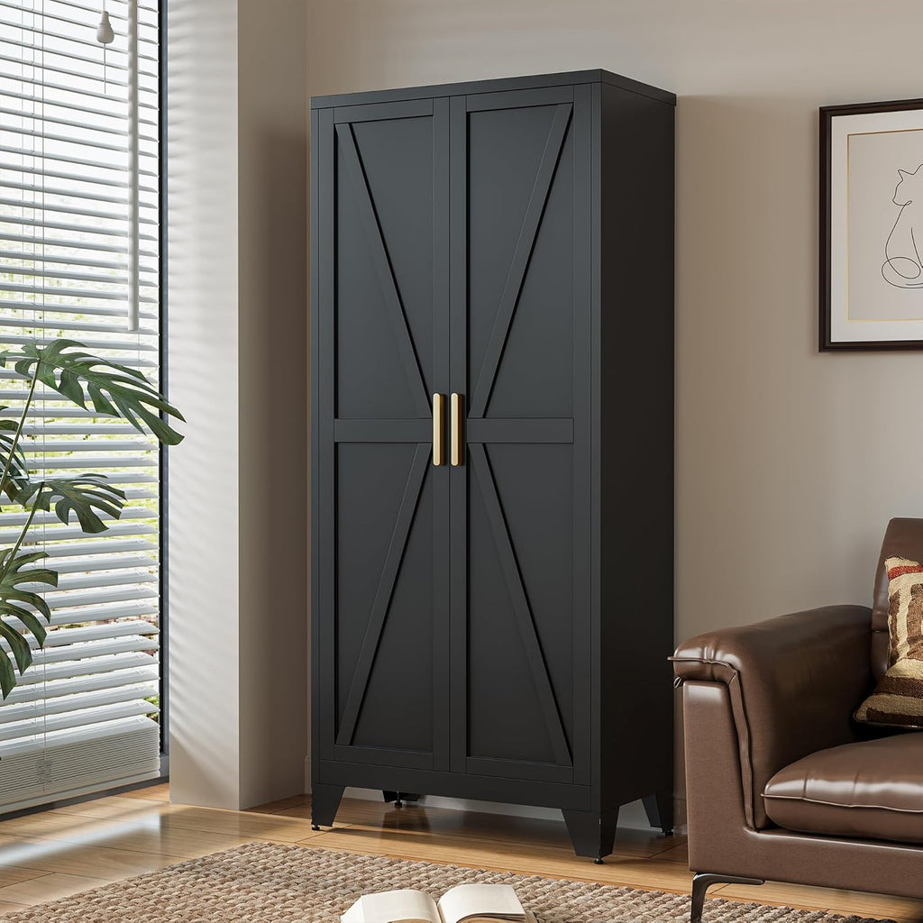 LCAOPC 71" Tall Metal Storage Cabinet with 2 Doors and 4 Adjustable Shelves, 5-Tier Kitchen Pantry Storage Cabinet for Kitchen, Living Room, Dining Room and Office, Black