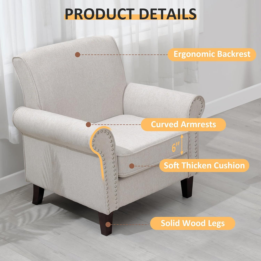 PrimeZone Comfy Accent Chairs Set of 2, Mid-Century Modern Arm Chair, Beige | Soft Cushion, Rolled Armrest, Elegant Nailhead Trim, Sturdy Wood Frame, Ideal for Living Room, Bedroom & Waiting Areas