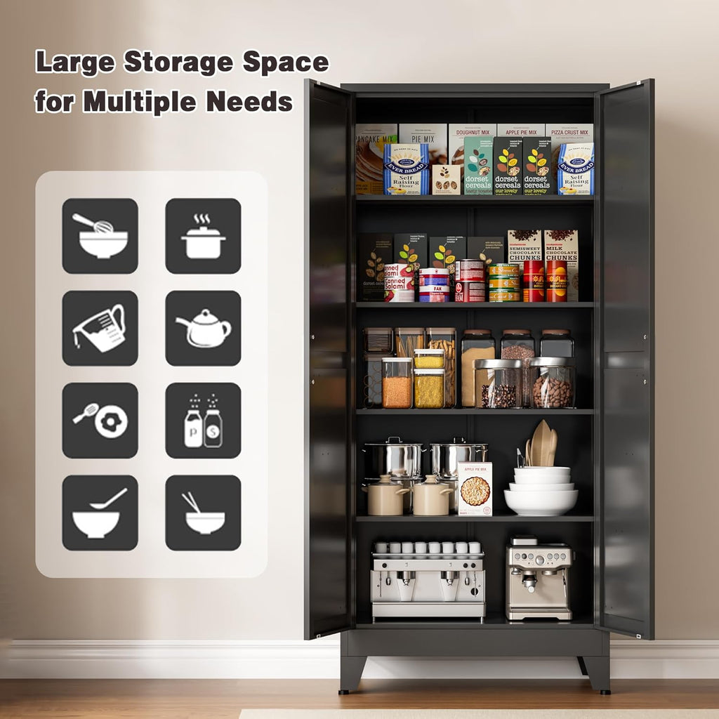 71" Tall Metal Pantry Cabinet, Kitchen Storage Cabinet with 2 Doors and 4 Adjustable Shelves for Kitchen, Living Room, Dining Room, Bathroom and Home, Office (Black, 1PC)
