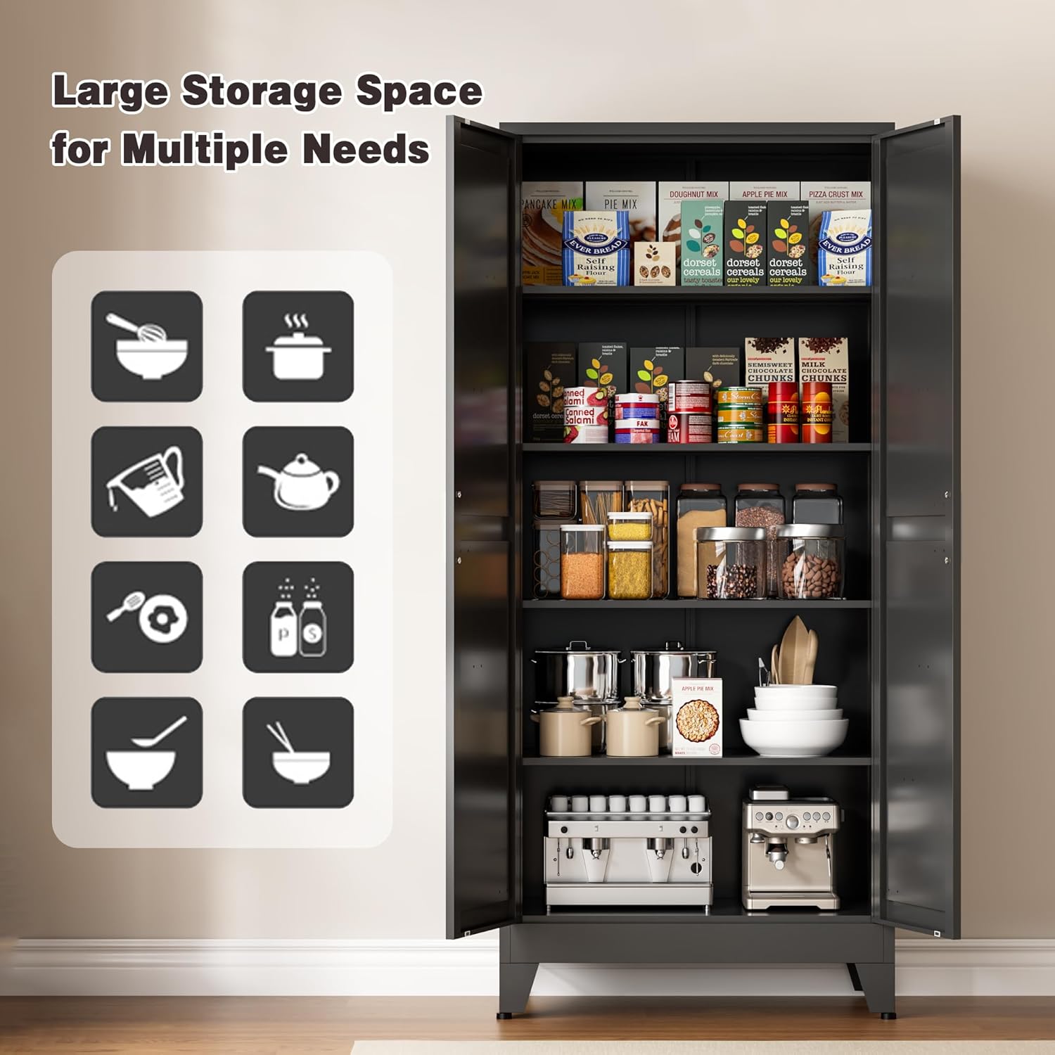 71" Tall Metal Pantry Cabinet, Kitchen Storage Cabinet with 2 Doors and 4 Adjustable Shelves for Kitchen, Living Room, Dining Room, Bathroom and Home, Office (Black, 1PC)
