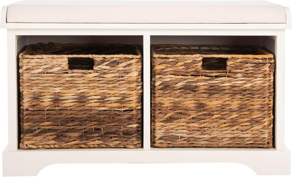 SAFAVIEH Furniture - Freddy 2-Basket Storage Bench - Vintage White - Solid Wood - Coastal Basket Storage Design - Ideal for Entryway, Living Room, Hallway, 18" Seat Height - Fully Assembled (AMH5736D)