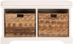 SAFAVIEH Furniture - Freddy 2-Basket Storage Bench - Vintage White - Solid Wood - Coastal Basket Storage Design - Ideal for Entryway, Living Room, Hallway, 18" Seat Height - Fully Assembled (AMH5736D)