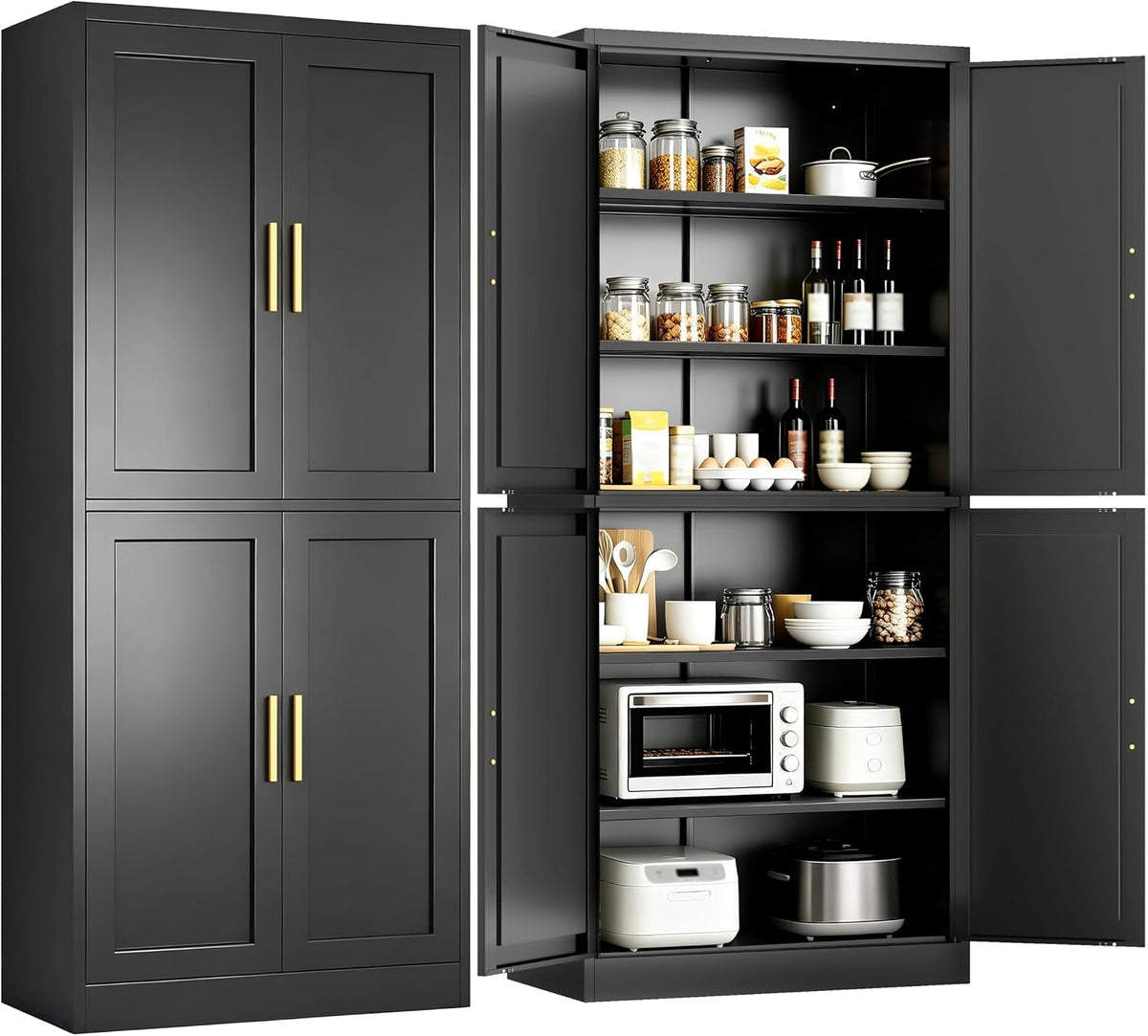 Wanfu 71" Tall Pantry Cabinet, Metal Kitchen Pantry Cabinet with 4 Doors and 4 Adjustable Shelves, Kitchen Pantry Storage Cabinets, Metal Storage Cabinet for Kitchen, Dining Room, Living Room-Black