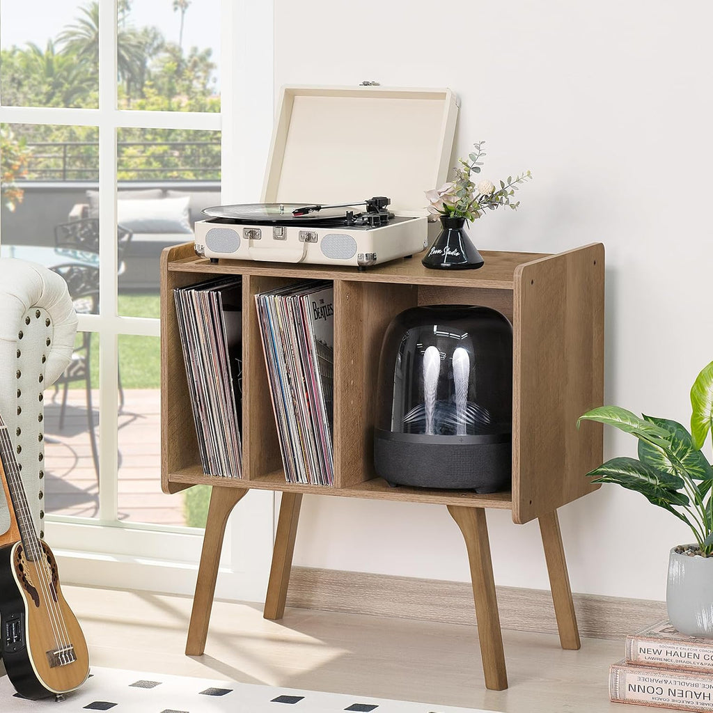 LELELINKY Wide Record Player Stand, 4-Cubby Vinyl Storage Table, Oak Grey | Mid-Century Modern Turntable Stand with Wood Legs, Up to 120 Albums, Vinyl Holder Display Shelf for Bedroom and Living Room
