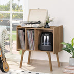 LELELINKY Wide Record Player Stand, 4-Cubby Vinyl Storage Table, Oak Grey | Mid-Century Modern Turntable Stand with Wood Legs, Up to 120 Albums, Vinyl Holder Display Shelf for Bedroom and Living Room