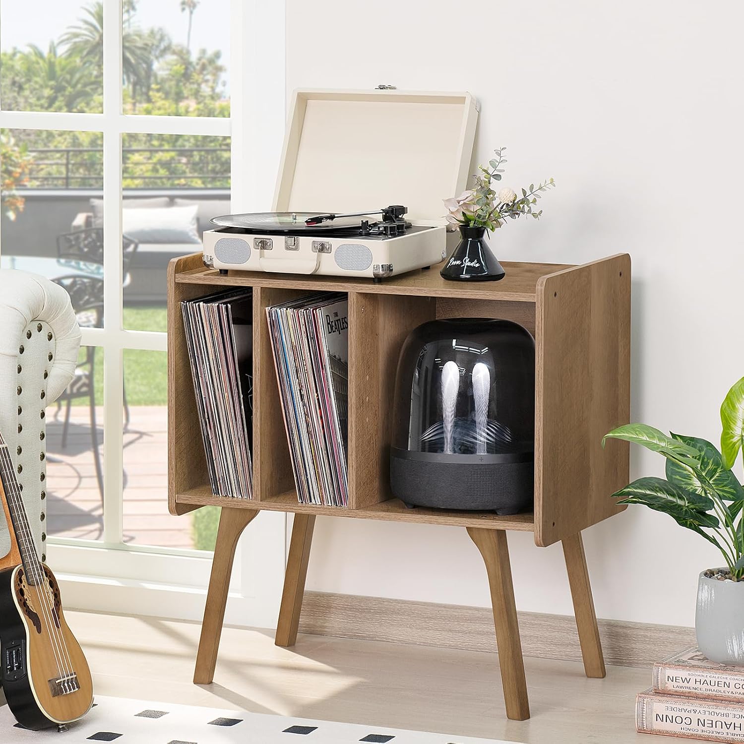 LELELINKY Wide Record Player Stand, 4-Cubby Vinyl Storage Table, Oak Grey | Mid-Century Modern Turntable Stand with Wood Legs, Up to 120 Albums, Vinyl Holder Display Shelf for Bedroom and Living Room