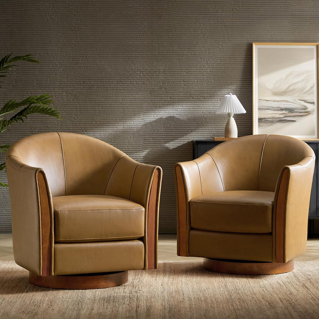 HULALA HOME Leather Swivel Accent Chair with Wood Base Set of 2, Camel | 360-degree Round Swivel Barrel Chair for Living Room Bedroom Apartment