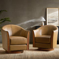 HULALA HOME Leather Swivel Accent Chair with Wood Base Set of 2, Camel | 360-degree Round Swivel Barrel Chair for Living Room Bedroom Apartment