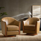 HULALA HOME Leather Swivel Accent Chair with Wood Base Set of 2, Camel | 360-degree Round Swivel Barrel Chair for Living Room Bedroom Apartment