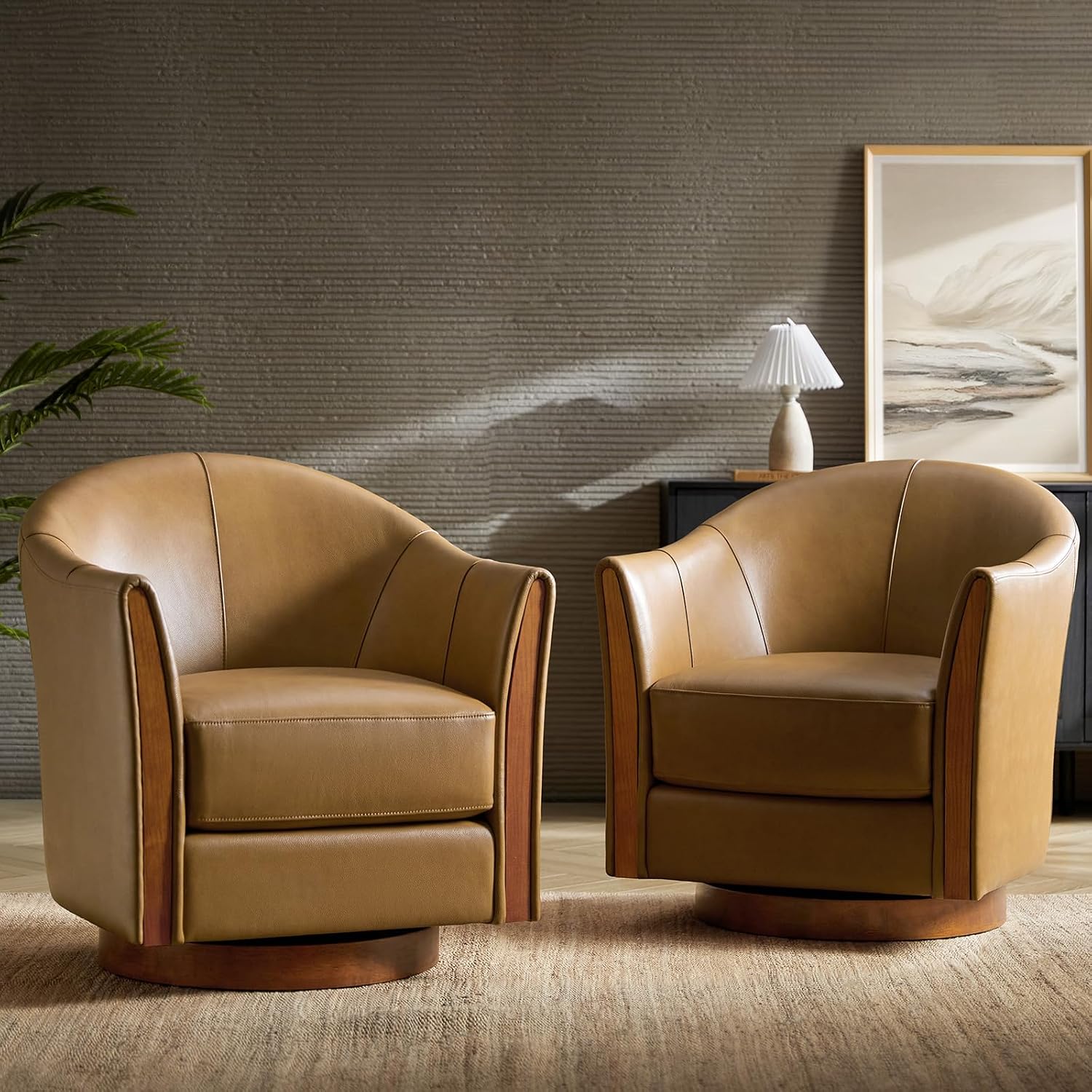 HULALA HOME Leather Swivel Accent Chair with Wood Base Set of 2, Camel | 360-degree Round Swivel Barrel Chair for Living Room Bedroom Apartment