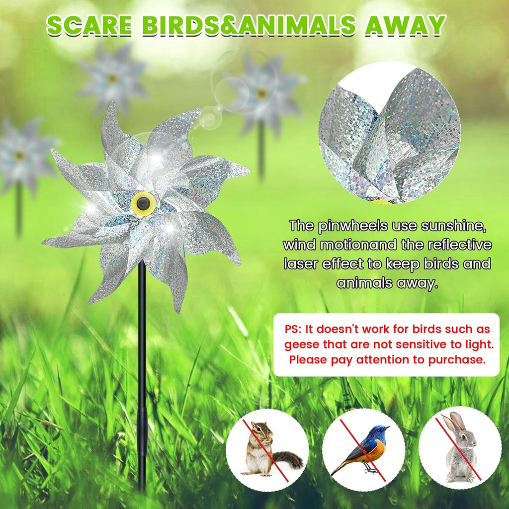 10 PCS Reflective Pinwheels for Yard and Garden Bird Devices Pre-Installed Sparkly Wind Spinner Deterrent to Scare Birds Away from Yard Patio Farm (Silver)