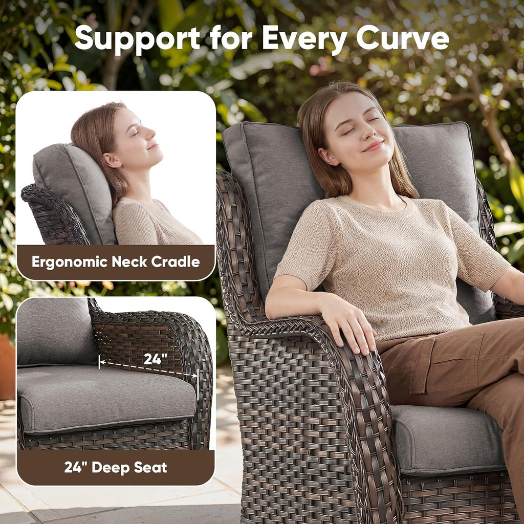 Belord Outdoor Swivel Chairs Set of 2,Patio Wicker Rocker Chairs with Ottomans, All Weather Patio Conversation Furniture Set, Ideal for Porch Balcony Deck Yard, Brown Wicker/Gray