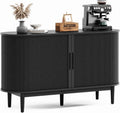 LINSY HOME 55" Sideboard Buffet Cabinet,Tambour Sliding Doors & Drawer | Black Fluted Coffee Bar Cabinet with Large Storage, Mid Century Modern Wood Storage Buffet Table for Kitchen, Living Room