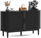 LINSY HOME 55" Sideboard Buffet Cabinet,Tambour Sliding Doors & Drawer | Black Fluted Coffee Bar Cabinet with Large Storage, Mid Century Modern Wood Storage Buffet Table for Kitchen, Living Room