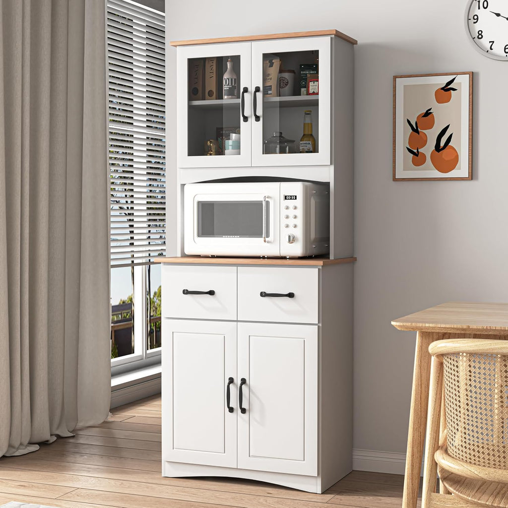 Wooden Kitchen Pantry Cabinet with Framed Glass Doors & Drawer – Microwave Storage Hutch with Adjustable Shelves & Anti-Topple Design