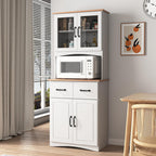 Wooden Kitchen Pantry Cabinet with Framed Glass Doors & Drawer – Microwave Storage Hutch with Adjustable Shelves & Anti-Topple Design