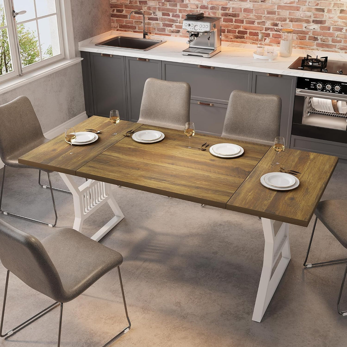 70.8" Dining Table for 4-6 People, Farmhouse Large Wooden Kitchen Table with Heavy Duty Metal Legs, Rectangle Kitchen Tables for Dining Room, Living Room, Walnut