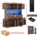 71" Tall Large Pantry Storage Cabinet w/Power Outlet,55" Wide Farmhouse Kitchen Hutch Storage Cabinet w/Barn Doors,2 Drawer,Large Countertop,LED Light,Rustic Coffee Bar,6 Hooks,8 Doors Shelves,Brown