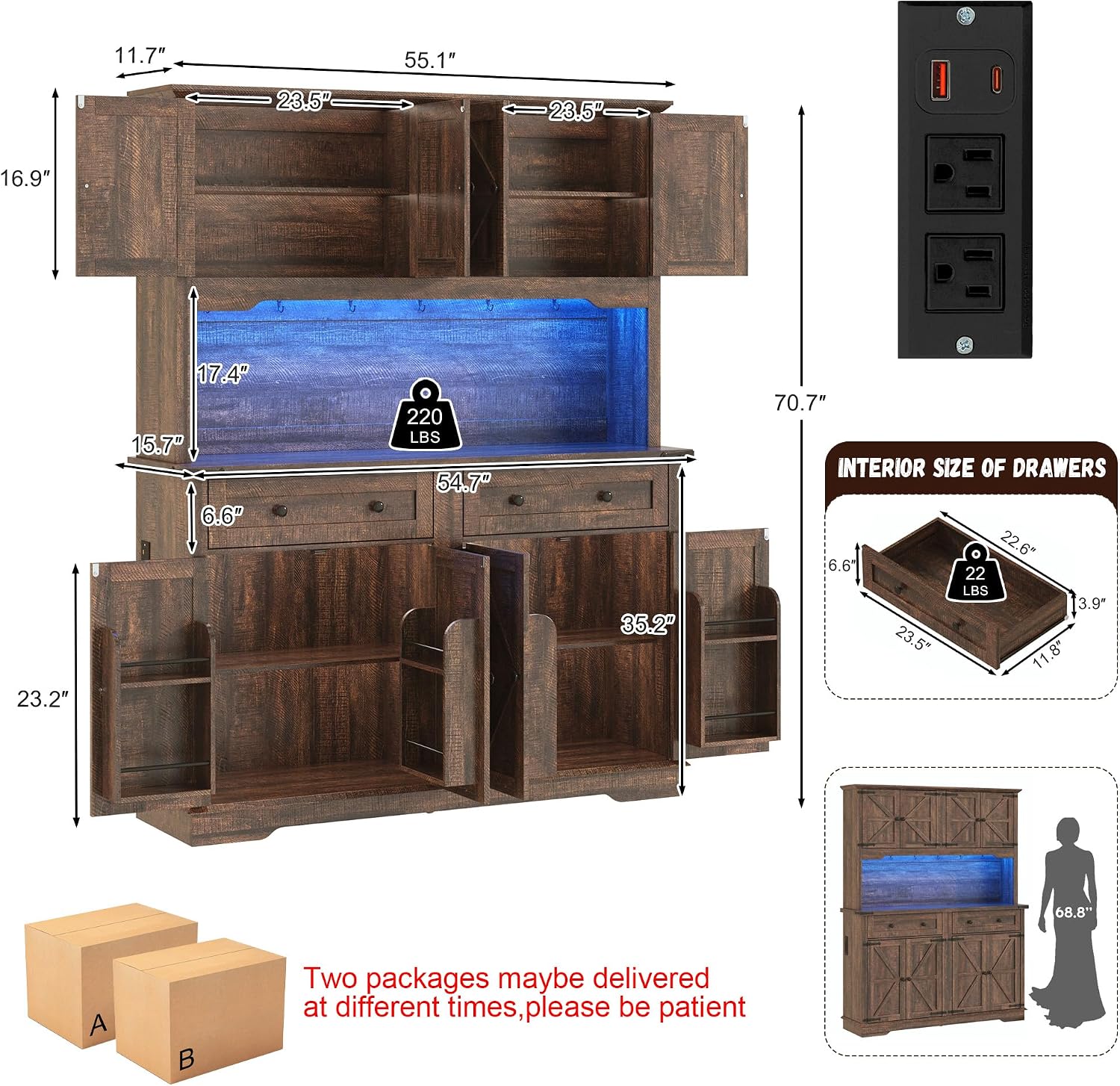71" Tall Large Pantry Storage Cabinet w/Power Outlet,55" Wide Farmhouse Kitchen Hutch Storage Cabinet w/Barn Doors,2 Drawer,Large Countertop,LED Light,Rustic Coffee Bar,6 Hooks,8 Doors Shelves,Brown