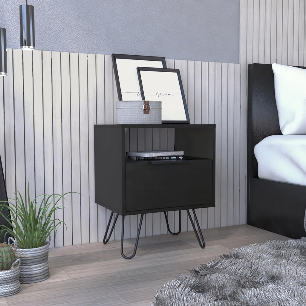 Nightstand, End Table, Side Table Single Door Cabinet, Hairpin Legs -Black,for Small Spaces