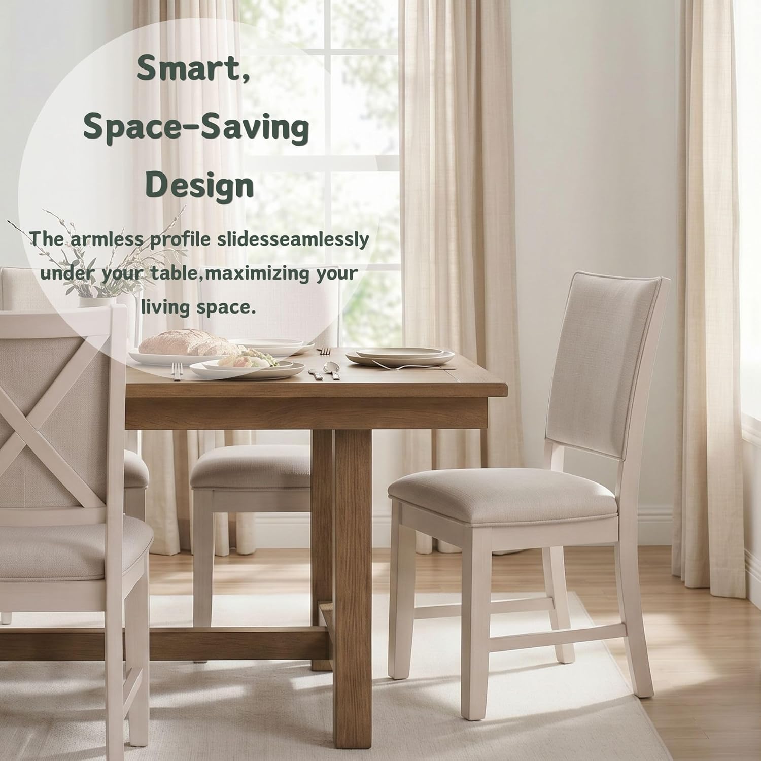 Farmhouse Dining Chairs Set of 4 Upholstered Kitchen Chairs with Cross Back Armless Wooden Side Chairs for Dining Room, Living Room, Reception (Grey Linen + White Frame)
