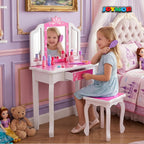 JOYMOR Kids Vanity Set, Wooden Princess Makeup Table with Stool, Tri-Folding Mirror, Large Drawer, Solid Wooden Legs, Beauty Make Up Dressing Set for Girls Best Gift (Pink)