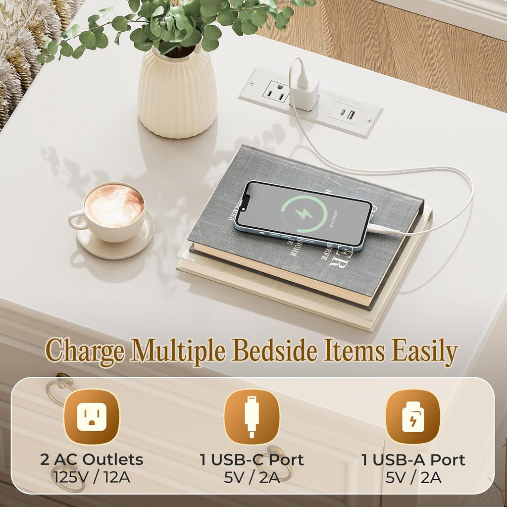 Huuger 27.6 Inch Tall Nightstand with Charging Station, USB-C Port, Larger Night Stand Set of 2, Bedside Table with 2 Drawers, 11.4 Inch Raised Legs, Side Tables End Tables, for Bedroom, White