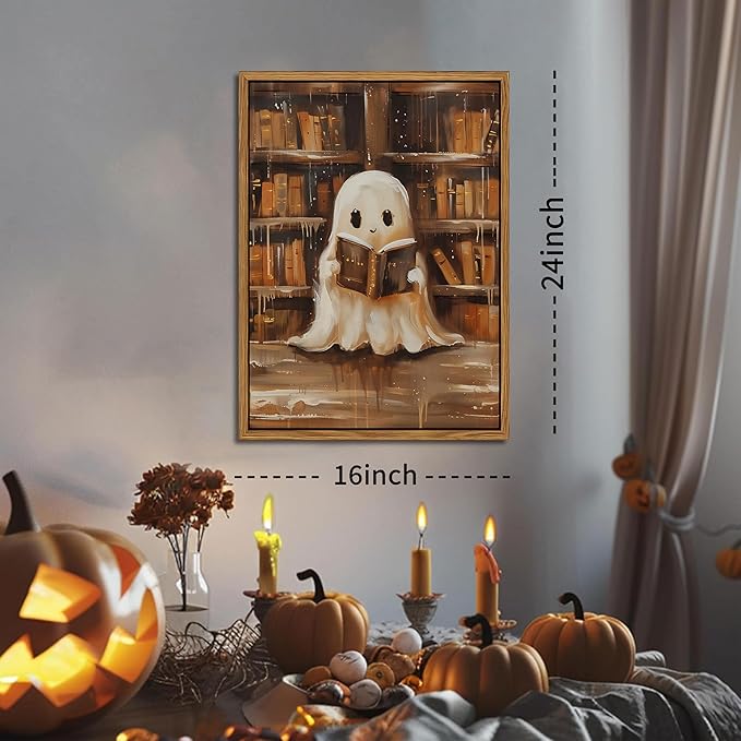 Vintage Framed Ghost Reading Books Canvas Wall Art for Home Office - Halloween Academia Cute Ghost Picture Paintings Prints, Halloween Room Aesthetic Decor for Living Room Bedroom 16x24 inch