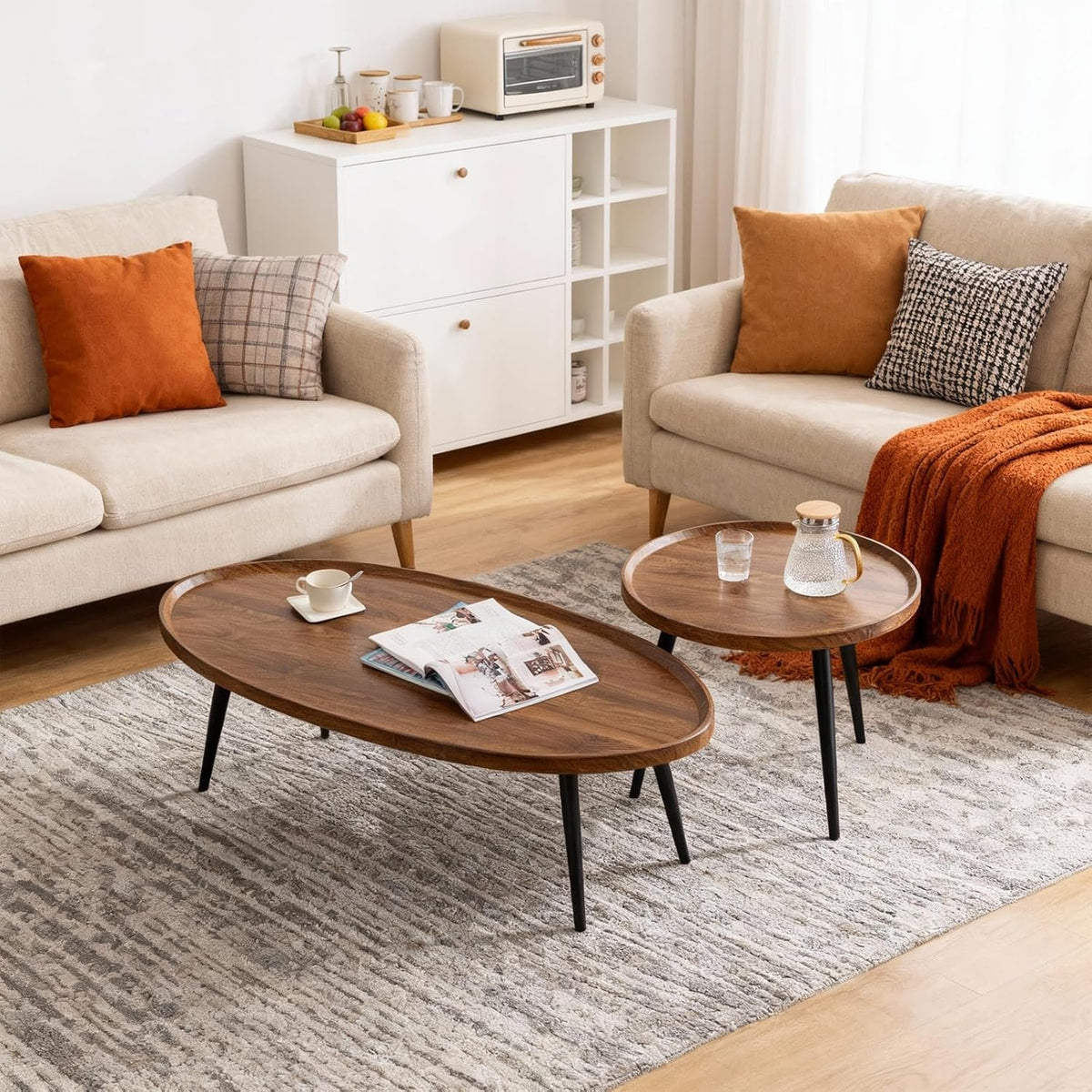 Nesting Coffee Table Set of 2-Mid Century Modern Guitar Pick Stacking Tables with Solid Wood Legs-Waterproof Circle Center Table for Living Room Bedroom Balcony