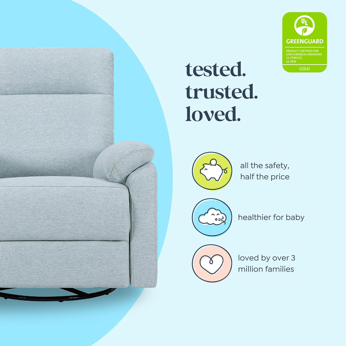 Davinci Suzy Electronic Swivel Recliner with USB Port in Heathered Blue, GREENGUARD Gold & CertiPUR-US® Certified