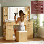47.2" Fluted Makeup Vanity Desk with Large, 28.7" Mirror and Lights, 5 Drawer Vanity with Power Strip, 6 Open Shelves, 2 Cabinet, Modern Bedroom Vanity Featuring Visual Transparent Glass