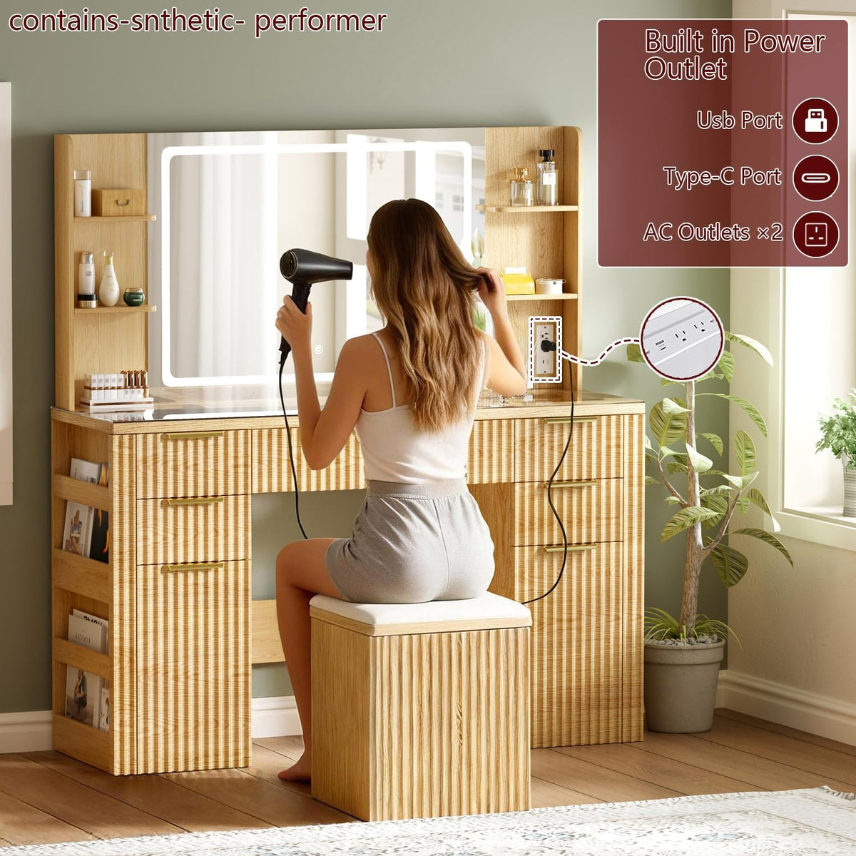 47.2" Fluted Makeup Vanity Desk with Large, 28.7" Mirror and Lights, 5 Drawer Vanity with Power Strip, 6 Open Shelves, 2 Cabinet, Modern Bedroom Vanity Featuring Visual Transparent Glass