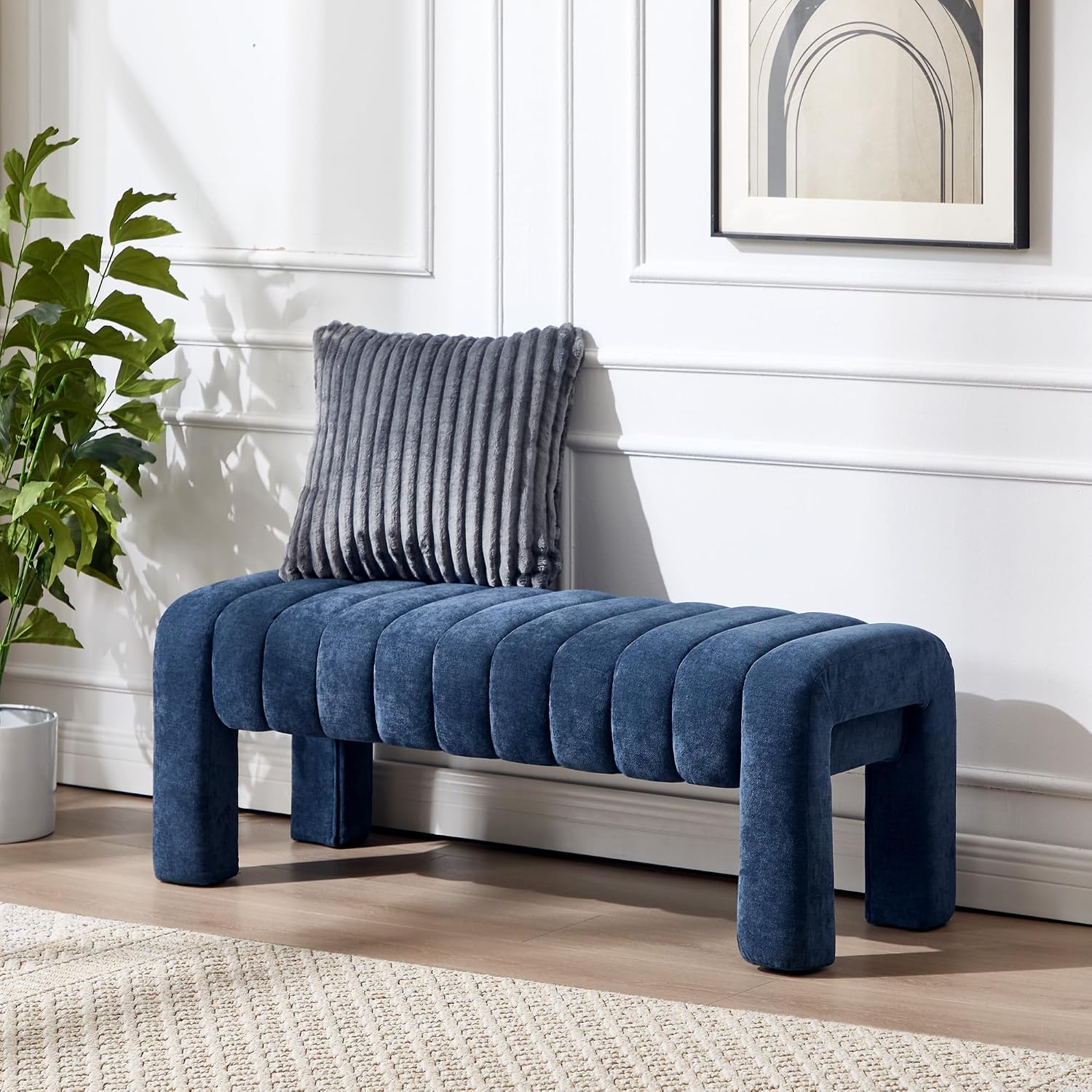 43.3" Bedroom Bench, Upholstered Entryway Bench, Modern End of Bed Ottoman with Solid Wood Legs and Adjustable Foot Pegs for Entryway, Dining Room and Living Room (Blue Chenille)