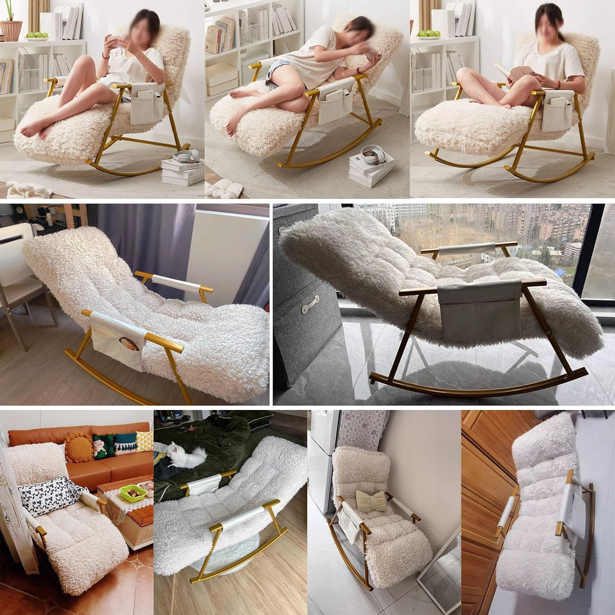 Fluffy Armchairs with Adjustable High Backrest, Rocking Chair with Side Pockets, Upholstered Glider Cozy Accent Chair, Loading Capacity 200kg/440lb
