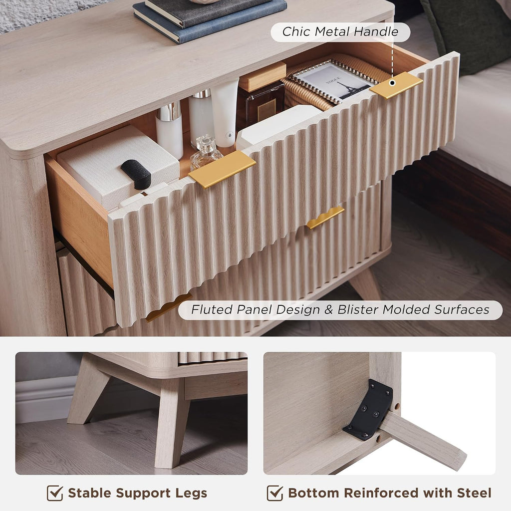 T4TREAM 32" Large Fluted Nightstand with 3 Drawers, White Alder | Oversized, Mid Century Modern, Curved Profile, Metal Handles, Smooth Slides, Spacious Drawers, for Bedroom, Living Room